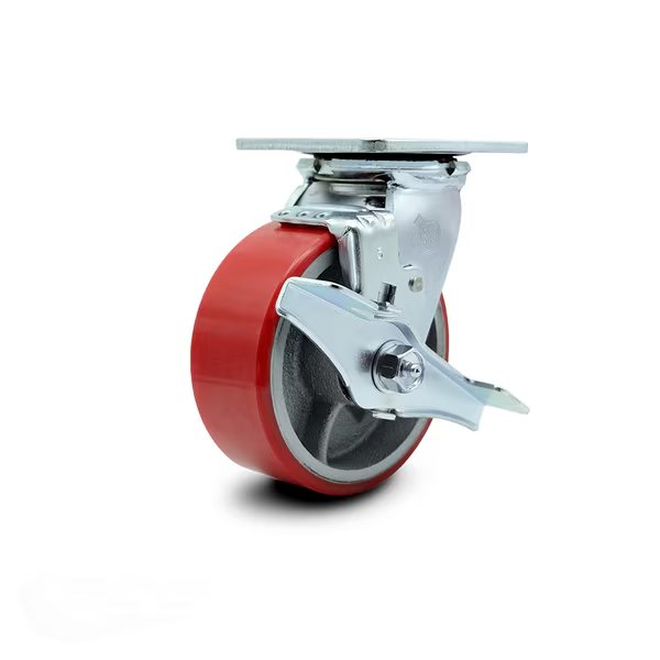 5 Inch Red Poly on Cast Iron Swivel Caster with Roller Bearing and Brake SCC, Service Caster, Mfr#: SCC-30CS520-PUR-RS-TLB