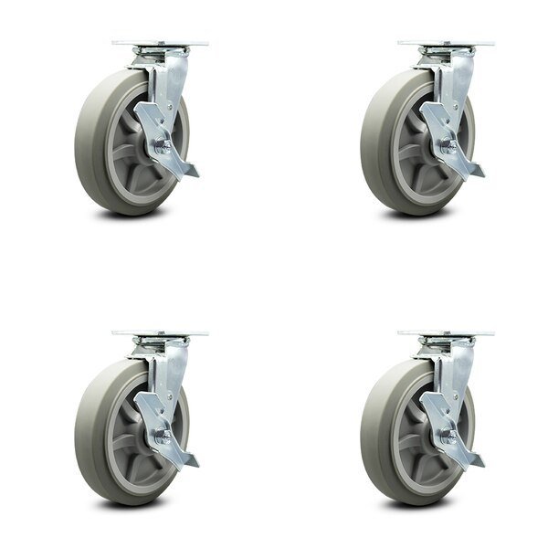 8 Inch Thermoplastic Rubber Caster Set with Roller Bearing and Brake/Swivel Lock, Service Caster, Mfr#: SCC-30CS820-TPRRF-TLB-BSL-4