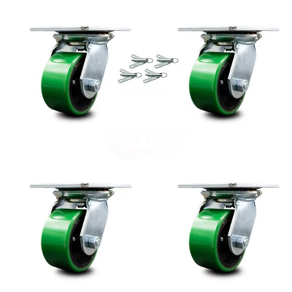 4 Inch Green Poly on Cast Iron Caster Set with Ball Bearings and Swivel Locks, Service Caster, Mfr#: SCC-35S420-PUB-GB-BSL-4