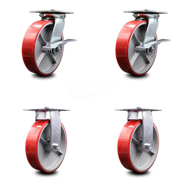 8 Inch Red Poly on Cast Iron Caster Set with Roller Bearing 2 Brakes 2 Rigid, Service Caster, Mfr#: SCC-35S820-PUR-RS-SLB-2-R-2