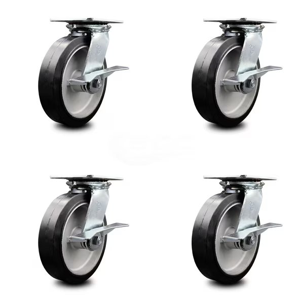 8 Inch Heavy Duty Rubber on Aluminum Caster Set with Roller Bearings and Brakes, Service Caster, Mfr#: SCC-35S820-RAR-SLB-4