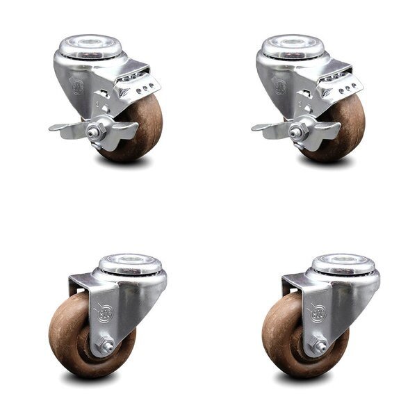 3.5 Inch High Temp Glass Filled Nylon Swivel Bolt Hole Caster Set with 2 Brakes, Service Caster, Mfr#: SCC-BH20S3514-GFNSHT-2-TLB-2