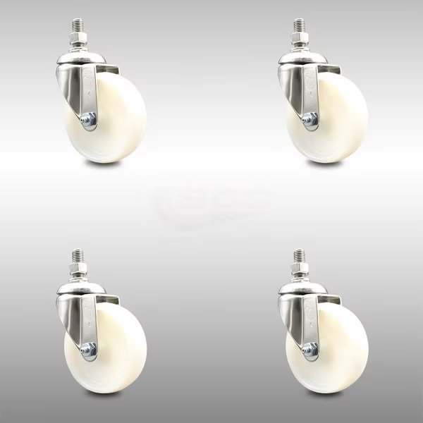 4 Inch 316SS Nylon Wheel Swivel 10mm Threaded Stem Caster Set, Service Caster, Mfr#: SCC-SS316TS20S414-NYS-M1015-4