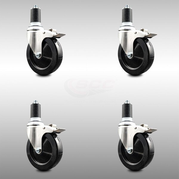 5 Inch 316SS Hard Rubber Wheel Swivel 1-5/8 Inch Stem Caster Set Lock Brake SCC, Service Caster, Mfr#: SCC-SS316TTLEX20S514-HRS-158-4