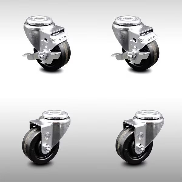 3 Inch SS Phenolic Wheel Swivel Bolt Hole Caster Set with 2 Brake, Service Caster, Mfr#: SCC-SSBH20S314-PHS-2-TLB-2