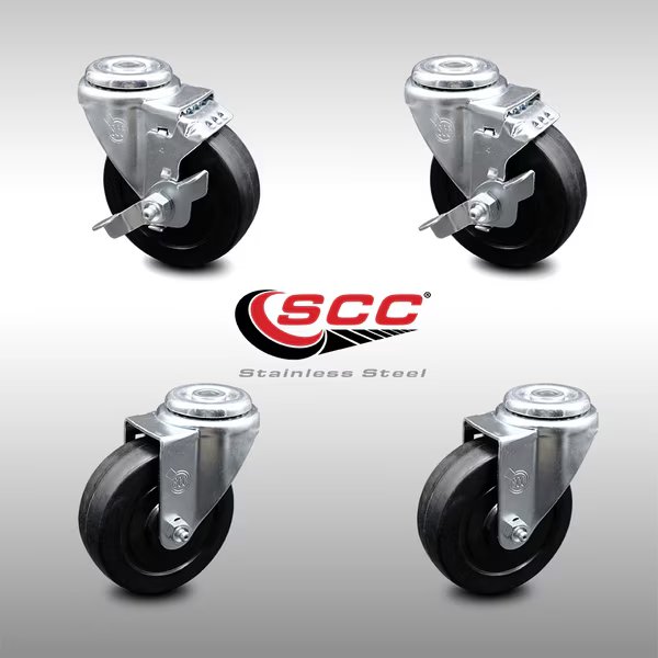 4 Inch SS Soft Rubber Wheel Swivel Bolt Hole Caster Set with 2 Brake SCC, Service Caster, Mfr#: SCC-SSBH20S414-SRS-2-TLB-2
