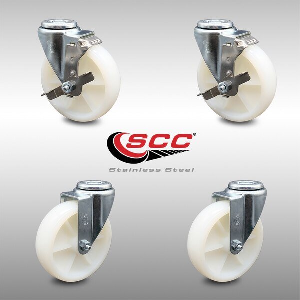 5 Inch SS Nylon Wheel Swivel Bolt Hole Caster Set with 2 Brakes, Service Caster, Mfr#: SCC-SSBH20S514-NYS-2-TLB-2