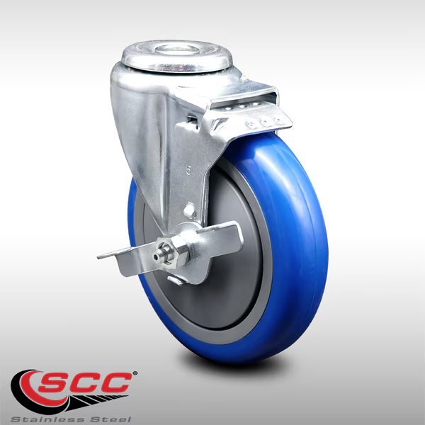 5 Inch SS Blue Polyurethane Wheel Swivel Bolt Hole Caster with Brake SCC, Service Caster, Mfr#: SCC-SSBH20S514-PPUB-BLUE-TLB