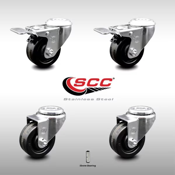 3.5 Inch SS Phenolic Wheel Swivel Bolt Hole Caster Set with 2 Total Lock Brake, Service Caster, Mfr#: SCC-SSBHTTL20S3514-PHS-2-S-2