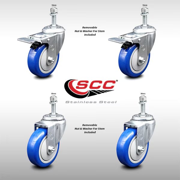 4 Inch SS Blue Poly Swivel 10mm Threaded Stem Caster Total Lock Brake, 2PK, Service Caster, Mfr#: SSTSTTL20S414-PPUB-BLUE-M1015-2-S-2
