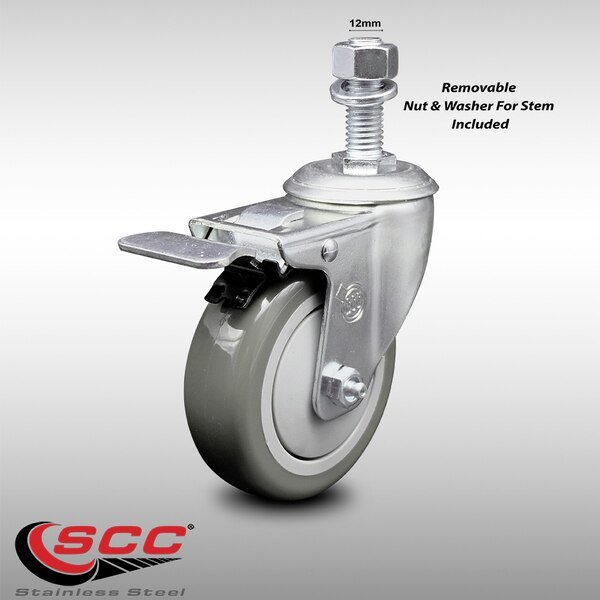 4 Inch SS Gray Polyurethane 12mm Threaded Stem Caster with Total Lock Brake, Service Caster, Mfr#: SCC-SSTSTTL20S414-PPUB-M1215