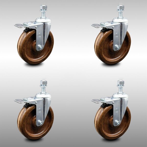 5 Inch SS High Temp Phenolic ½ Inch Threaded Stem Caster Set Total Lock Brake, Service Caster, Mfr#: SCC-SSTSTTL20S514-PHSHT-121315-4