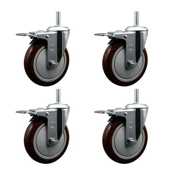 5 Inch Maroon Polyurethane Swivel 58 Inch Threaded Stem Caster Set with Total Lock Brake, Service Caster, Mfr#: SCC-TSTTL20S514-PPUB-MRN-58212-4