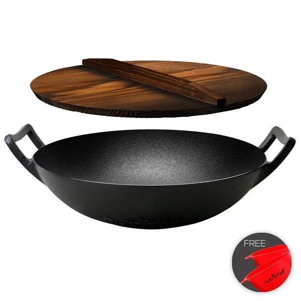 Pre-Seasoned Cooking Wok - Cast Iron Stir Fry Wok With Wooden Lid, Nutrichef, Mfr#: NCCIWOK60