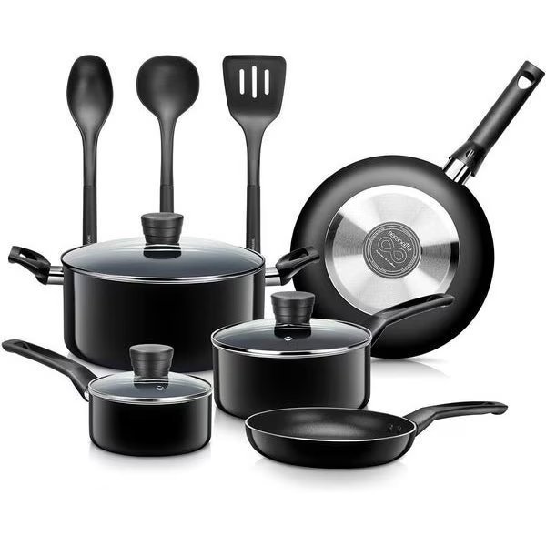Kitchenware Pots & Pans Set – Basic Kitchen Cookware, Black Non-Stick Coating Inside, Heat Resistant, Serenelife, Mfr#: SLCW11BLK