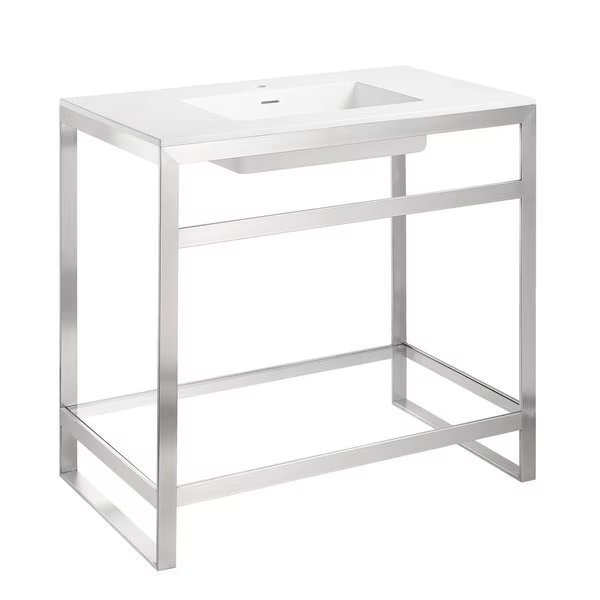 36 in. Console Sink in Brushed Nickel with Glossy White Counter Top, Anzzi, Mfr#: CS-FGC005-BN