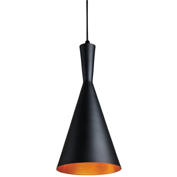 Cone Pendant Farmhouse Decor, E26, 78-in Adjust Cord Lngth, Copper Interior, 7-in, Matte Blk Shade, Sunlite, Mfr#: 07028-SU