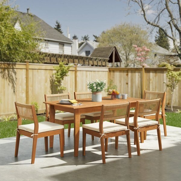 Barton 7-Piece Patio Dining Set, Weather-Resistant Outdoor Dining Table, 6 Stackable Patio Chairs, Alaterre Furniture, Mfr#: 80-OUTD-WD-DIN-SET2