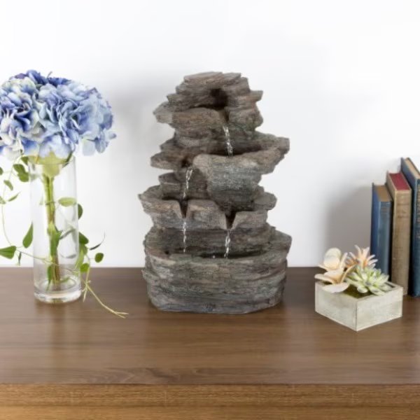 Tabletop Water Fountain with Cascading Rock and LED Lights, Tiered Stone, for Office / Home, Nature Spring, Mfr#: 641935VNZ