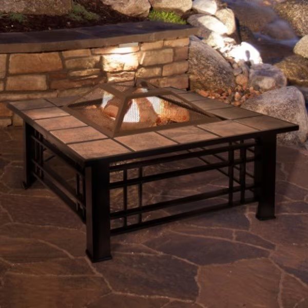 Nature Spring Square Tile Fire Pit and Wood Burning Set | 32 inch with Spark Screen and Log Poker, Nature Spring, Mfr#: 869860UCX