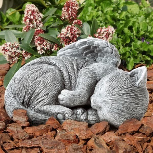 Pet Memorial Statue, Sleeping Angel Cat Remembrance Keepsake Sculpture, Grave Marker Stone Figurine, Nature Spring, Mfr#: 807929GRM