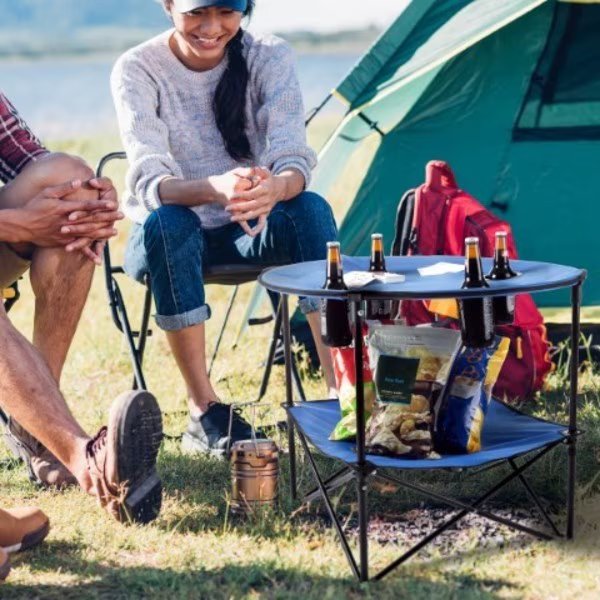 2-tier Camp Round Table Round with 4 Cupholders and Carrying Bag for Camping, Beach, Picnic, Leisure Sports, Mfr#: 235495LXP