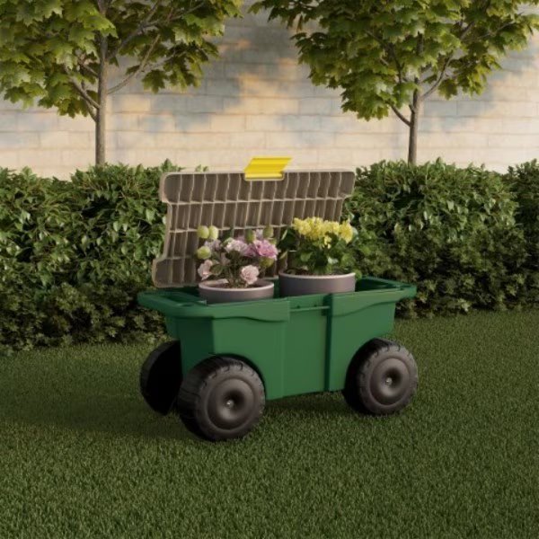 Garden Cart on Wheels, Storage Bin, Built-In Bench Seat, Interior Tool Tray, Rolls on Lawns and Dirt, Nature Spring, Mfr#: 854635RPQ
