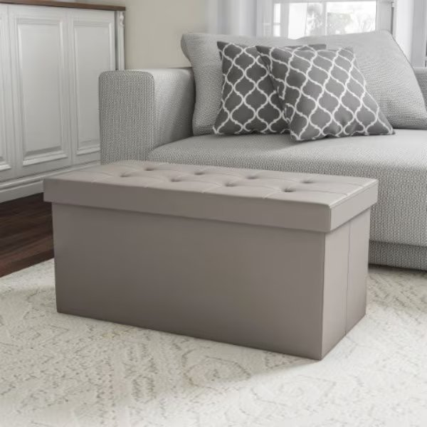 Folding Storage Bench Ottoman-30" Faux Gray Leather- Foam Padded Lid-Removable Bin-Organizer, Hastings Home, Mfr#: 253345XMY