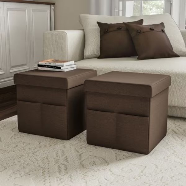 Foldable Storage Cube Ottoman with Pockets Multipurpose Organizer for Home (Pair, Linen Brown), Hastings Home, Mfr#: 855599TYL