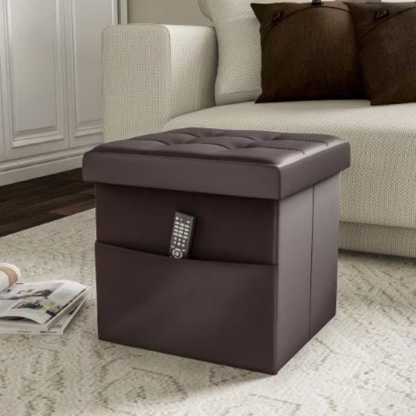 Foldable Storage Cube Ottoman with Pocket, Tufted Faux Leather Footrest Organizer for Bedroom, Brown, Hastings Home, Mfr#: 478779JWA