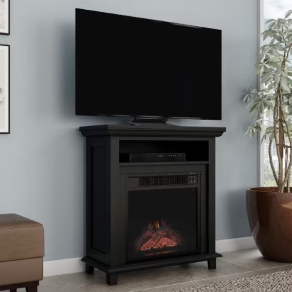 Electric Fireplace TV Stand, 29" Freestanding Console, Faux Logs, LED Flames, Heater Center (Black), Hastings Home, Mfr#: 240282ZSX