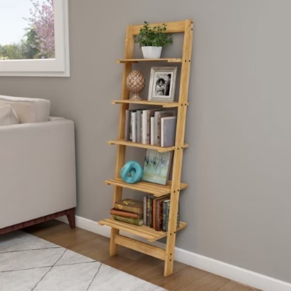 Hastings Home Ladder Bookshelf- 5 Shelves, Leaning Multi-Functional Bookcase in Pickled Oak, Hastings Home, Mfr#: 511439BNO
