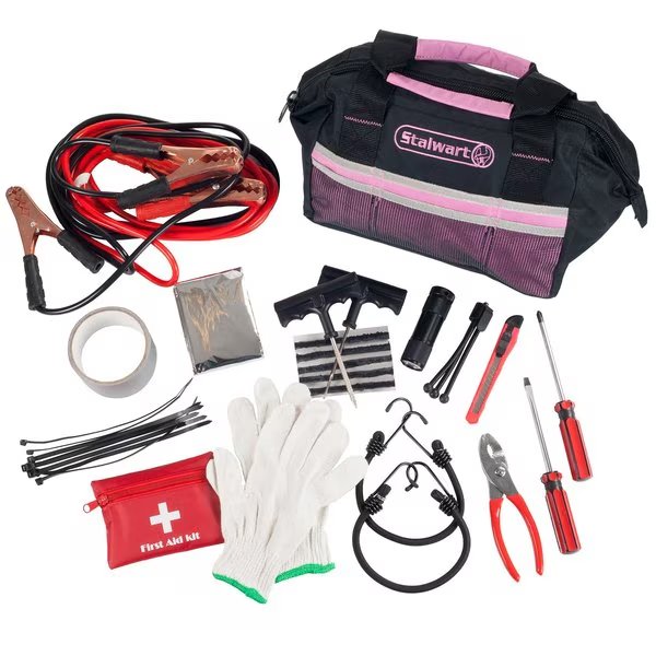 Roadside Emergency Car Kit - 55-Piece Car Accessories Set Includes Jumper Cables by Pink, Stalwart, Mfr#: 932285IRS