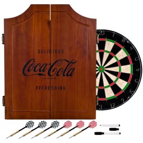 Coca Cola Wood Dart Cabinet Set - Engraved Logo, Trademark Gameroom, Mfr#: Coke-7000-V3-E
