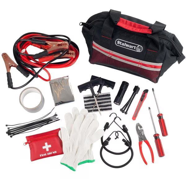 Roadside Emergency Car Kit - 55-Piece Set Includes Jumper Cables and Accessories by Red, Stalwart, Mfr#: 337141ICR