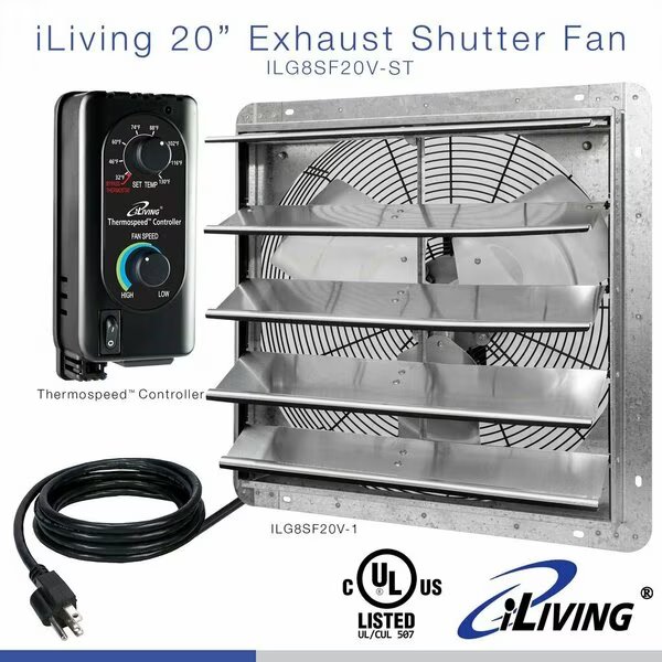 20 in. Wall Mounted Shutter Exhaust Fan with Thermostat and Variable Speed controller, 3368 CFM, Iliving, Mfr#: ILG8SF20V-ST