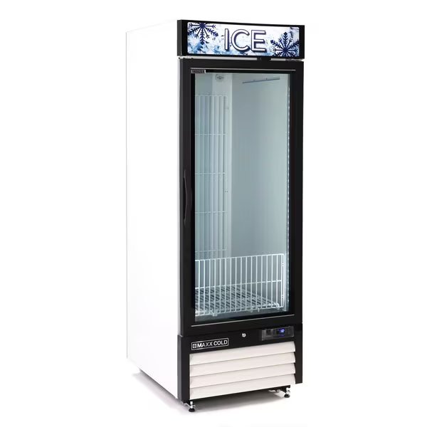 Single Glass Door Ice Merchandiser Freezer, 27 in.W, 23 cu. ft. Storage Capacity, in White, Maxx Cold, Mfr#: MXM1-23FHC-ICE
