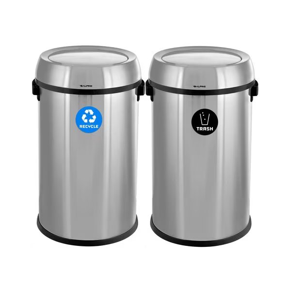 Trash Can, Stainless Steel Brushed, Stainless Steel/Plastic, Alpine Industries, Mfr#: ALP470-65L-1-R-T