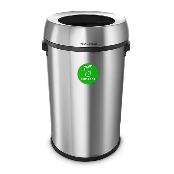 17 Gallon Compost Trash Can, Stainless Steel Waste Bin Receptacle, Alpine Industries, Mfr#: ALP470-65L-CO