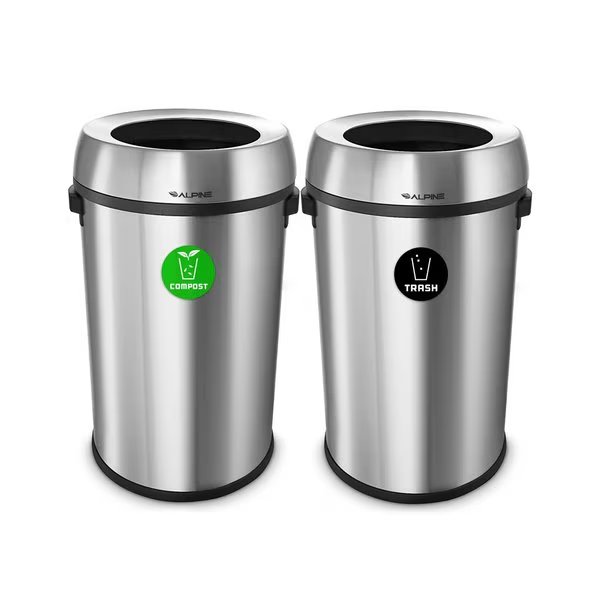 Trash Can, Stainless Steel Brushed, Stainless Steel/Plastic, Alpine Industries, Mfr#: ALP470-65L-CO-T