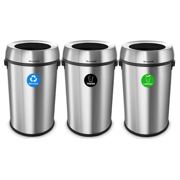 Trash Can, Stainless Steel Brushed, Stainless Steel/Plastic, Alpine Industries, Mfr#: ALP470-65L-R-T-CO