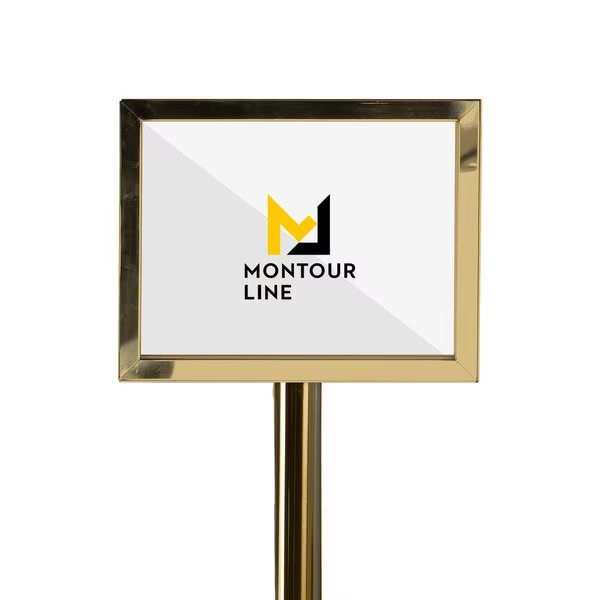 SignFrame Floor Standing 8.5x11H PolBrass PLEASE WAIT NEXT ASSOCIATE, Montour Line, Mfr#: FSE200-8511-H-PB-PLSWAITASSC
