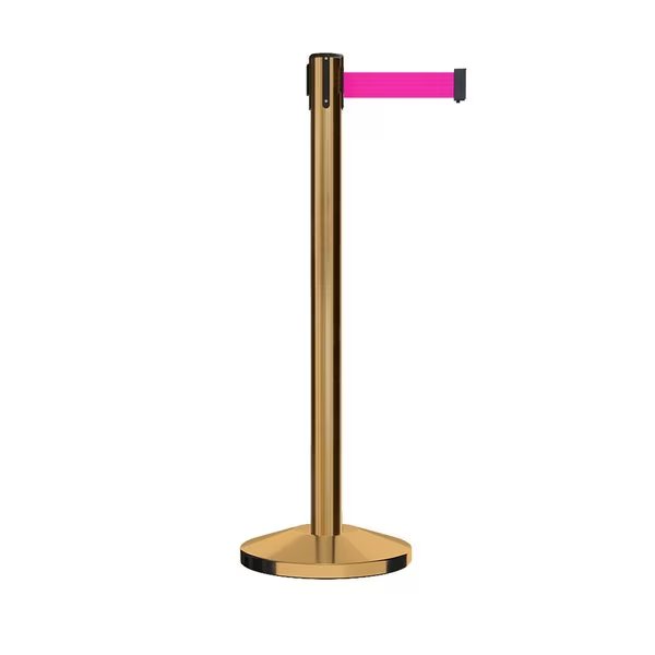 Stanchion Belt Barrier Sat.Brass Post 9ft. Fl.Pnk Belt, Montour Line, Mfr#: M630-SB-FPK-90