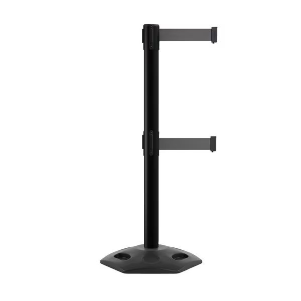 Stanchion Dual Belt Barr. Rubber Base Black Post 9ft.Dk Gry Belt, Montour Line, Mfr#: MSR630D-BK-DGY-90