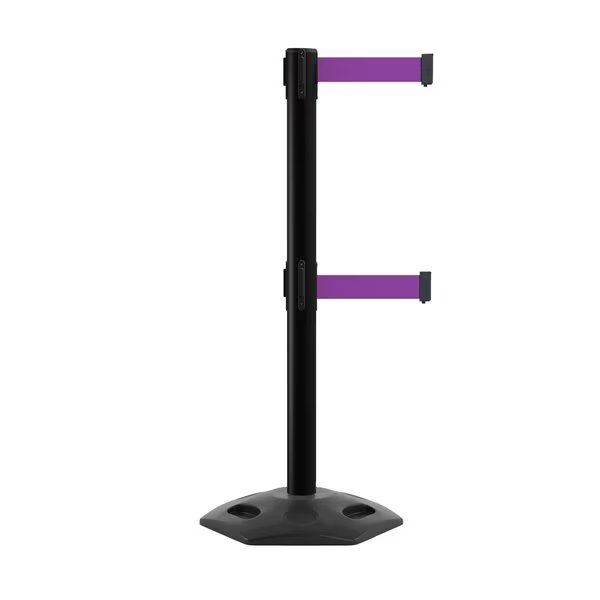 Stanchion Dual Belt Barr. Rubber Base Black Post 11ft.Purple Belt, Montour Line, Mfr#: MSR630D-BK-PE-110