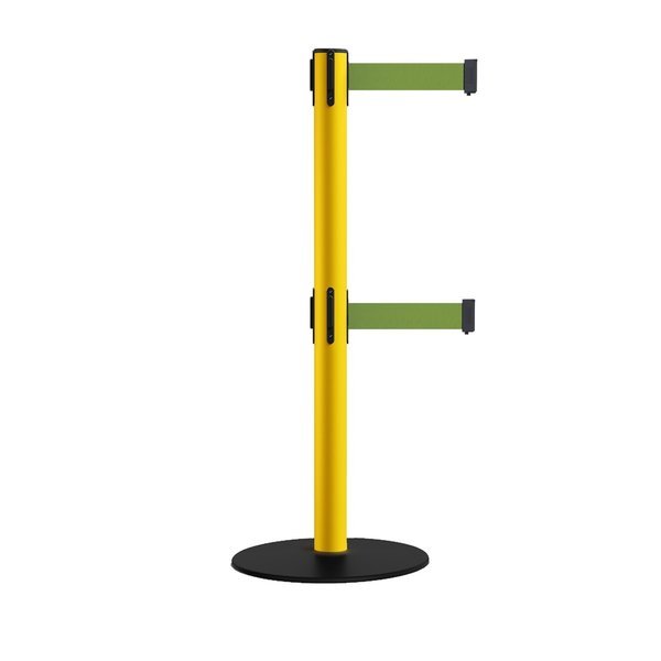 Retractable Dbl Belt 2.5" YW Post , Low Base, 7.5'Olive Belt, Montour Line, Mfr#: MSX630D-YW-OL-75