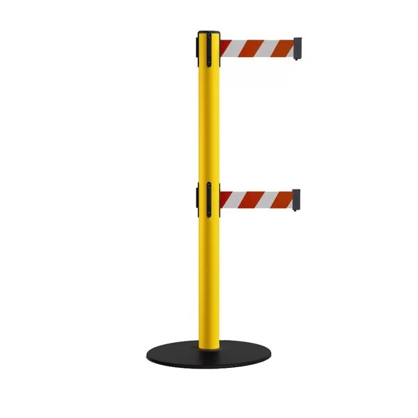 Retractable Dbl Belt 2.5" YW Post , Low Base, 7.5'Rd/Wh Belt, Montour Line, Mfr#: MSX630D-YW-RWD-75