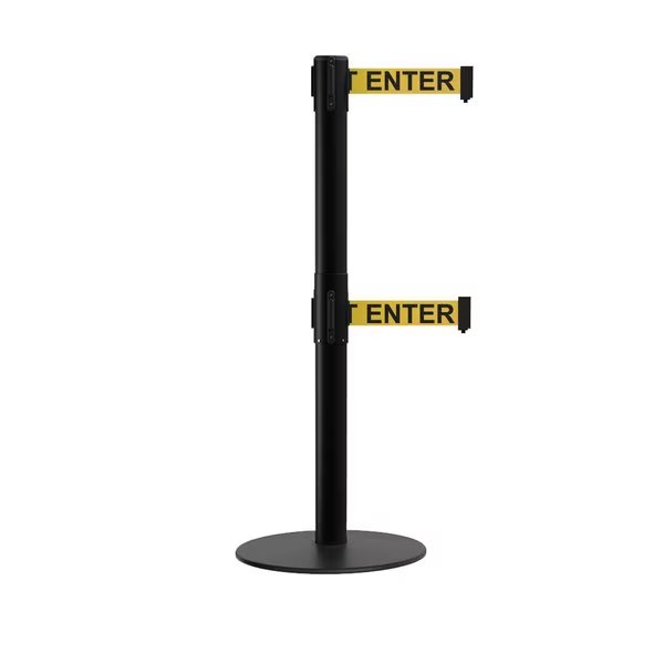 Stanchion Dual Belt Barrier Flat Base Black Post 9ft.Cau... Belt, Montour Line, Mfr#: MX630D-BK-CAUYB-90