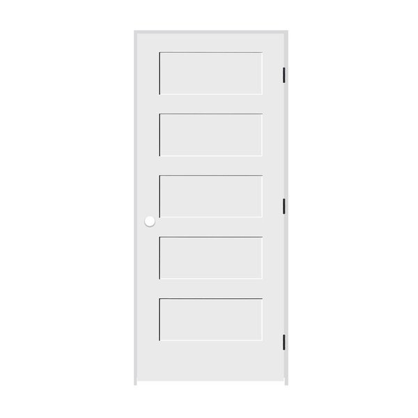 26"x80"x13/8" Primed 5Panel Equal Panel Interior Shaker 71/4" LH Prehung Door Black Hinges, Trimlite, Mfr#: 2268pri8405LH1D714
