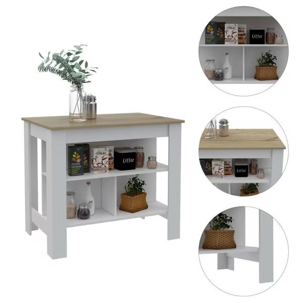 Cala Kitchen Island, Four Legs, Three Shelves, White/Light Oak, Tuhome, Mfr#: ABD5011